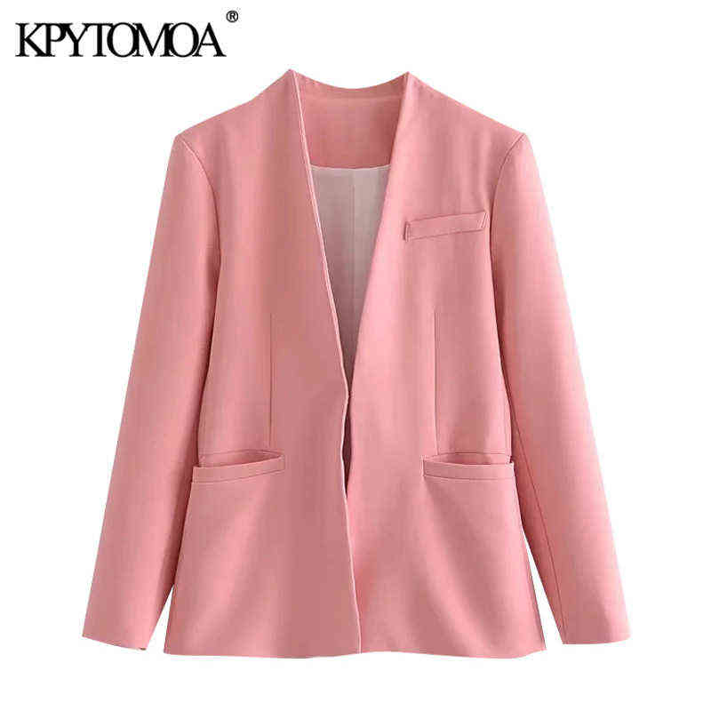 KPYTOMOA Women Fashion Office Wear Collarless Blazer Coat Vintage Long Sleeve Welt Pockets Female Outerwear Chic Veste 211122