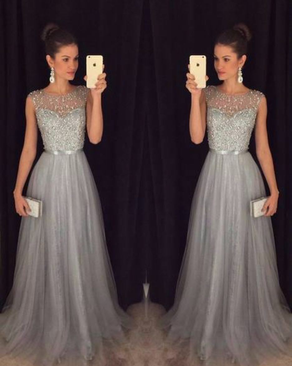 Elegant Silver Gary Tulle Formal Evening Dresses A-Line Beads Beaded Top Scoop Neck Sleeveless Cheap Pretty Long Prom Party Gowns