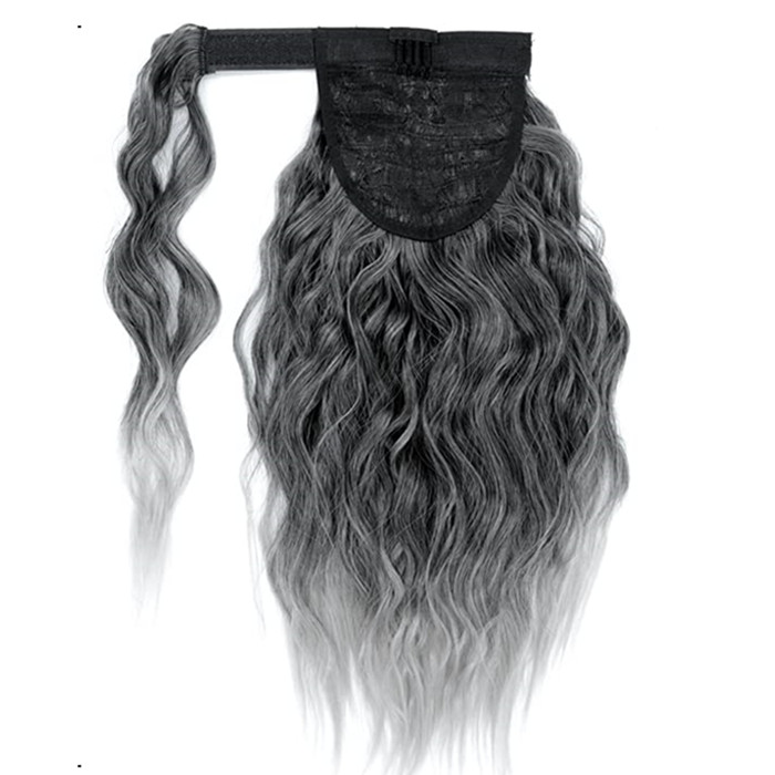 Salt pepper curly gray ponytail human hair extension naturally grey pony tail hair piece black highlight silver no care with drawstring two combs easy