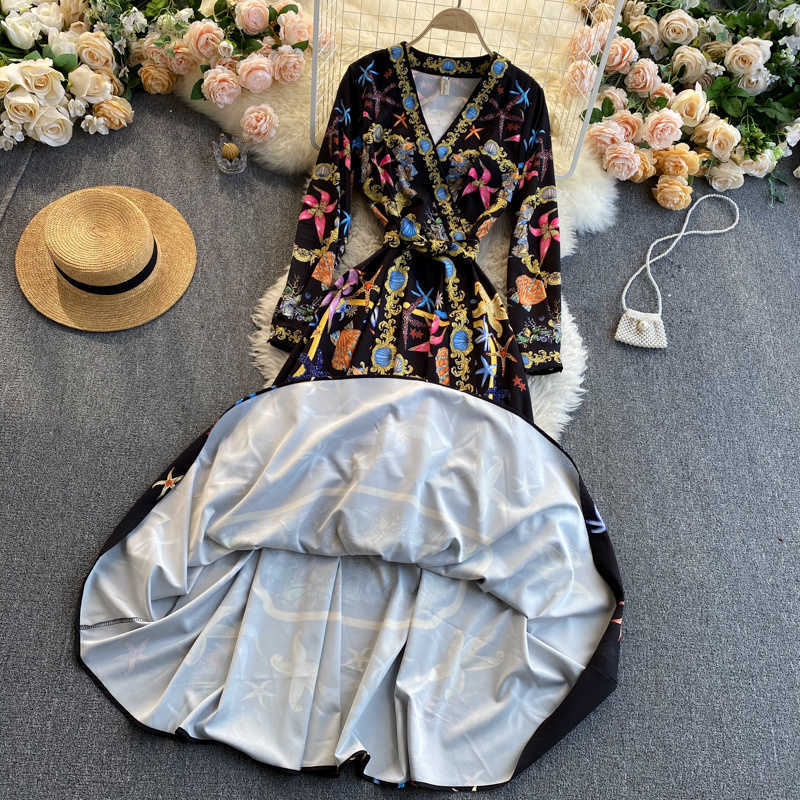 DEAT Spring Autumn Arrivals Print V-neck Long Sleeve Vintage Fashion Temperament Style A-line Midi-long Dress MZ479 210709