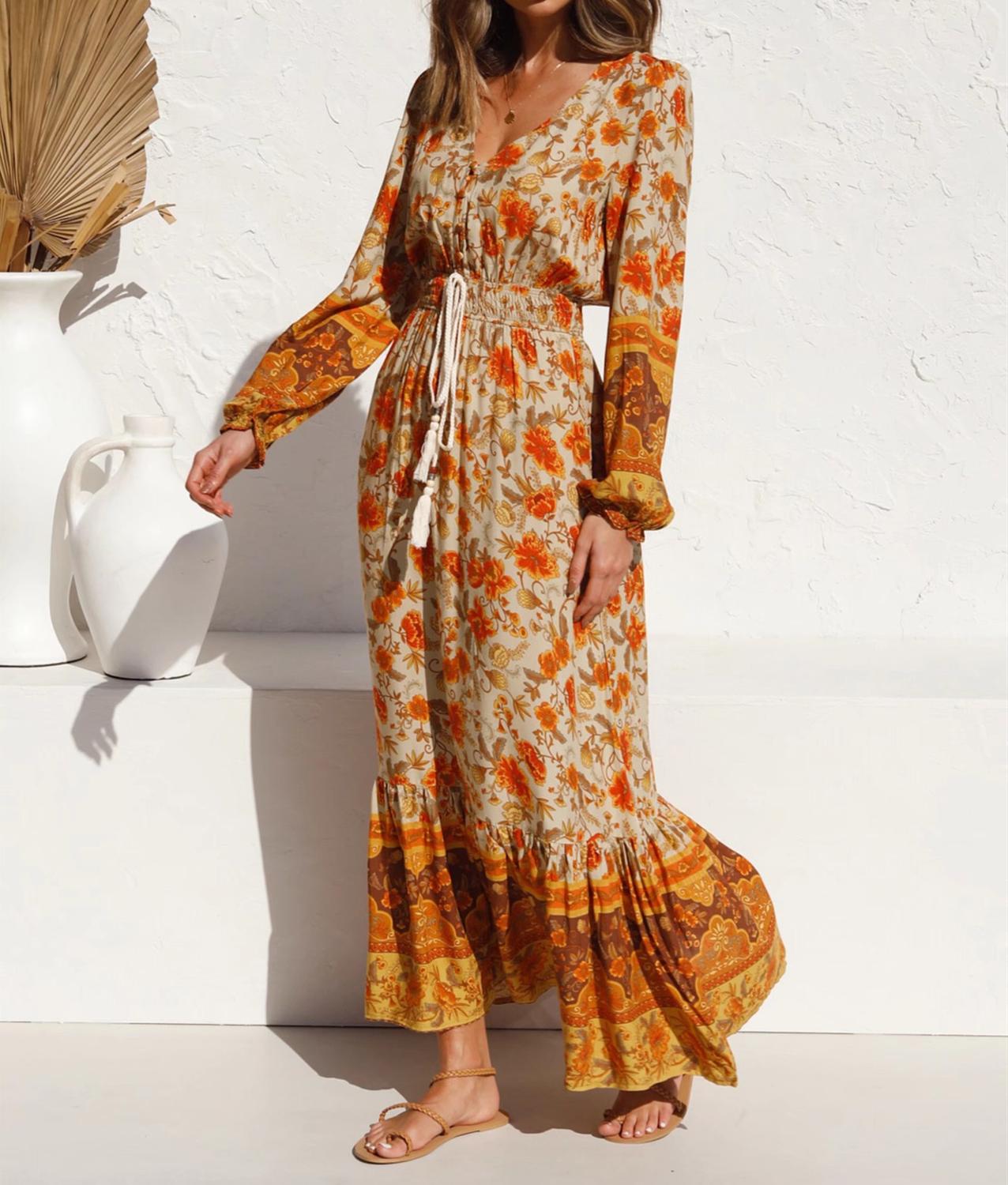 2021 Bohemia Buttons V neck Floral Print BOHO Long Sleeve Dress Woman Bow Strappy Lacing up Elastic Waist Holiday Dresses, Red
2021 Bohemia Buttons V neck Floral Print BOHO Long Sleeve Dress Woman Bow Strappy Lacing up Elastic Waist Holiday Dresses, Red