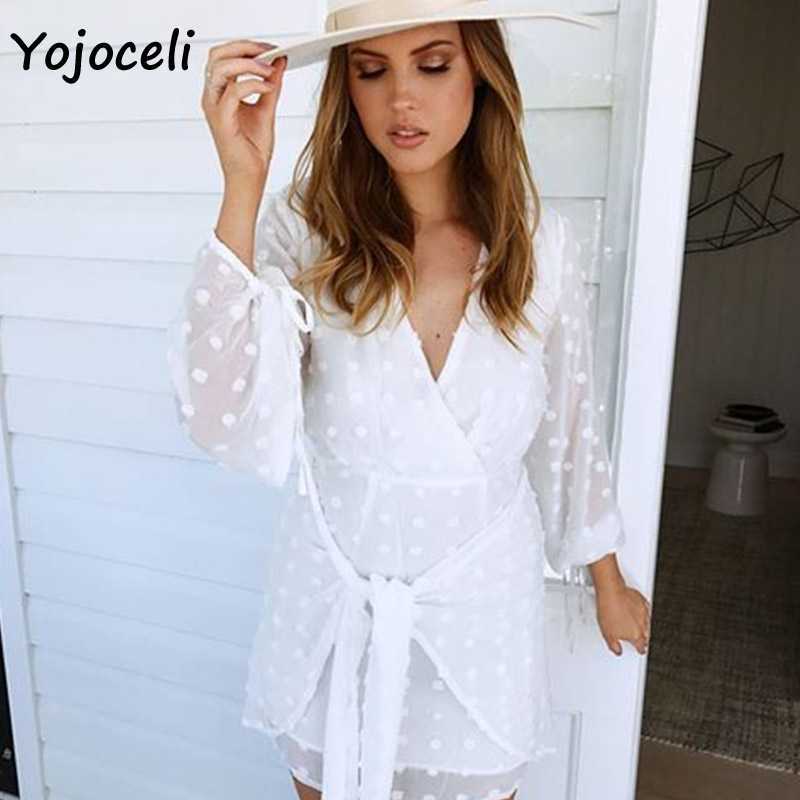 Yojoceli boho white chiffon jacquared dres v neck long sleeve chic female vestidos trendy autumn beach 210609