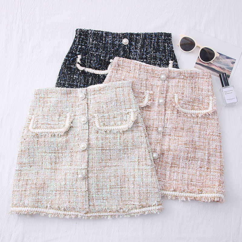 Tweed Skirts for Women Solid High Waist Slimming Autumn Spring Buttons Double Breasted Wool Mini Skirt 210705
