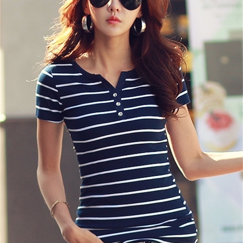 Summer Top Shirts V-neck T Shirt Women Short Sleeve Casual tshirts White Strip T-Shirt Plus Size Cotton Tee Shirt 3188 210306
