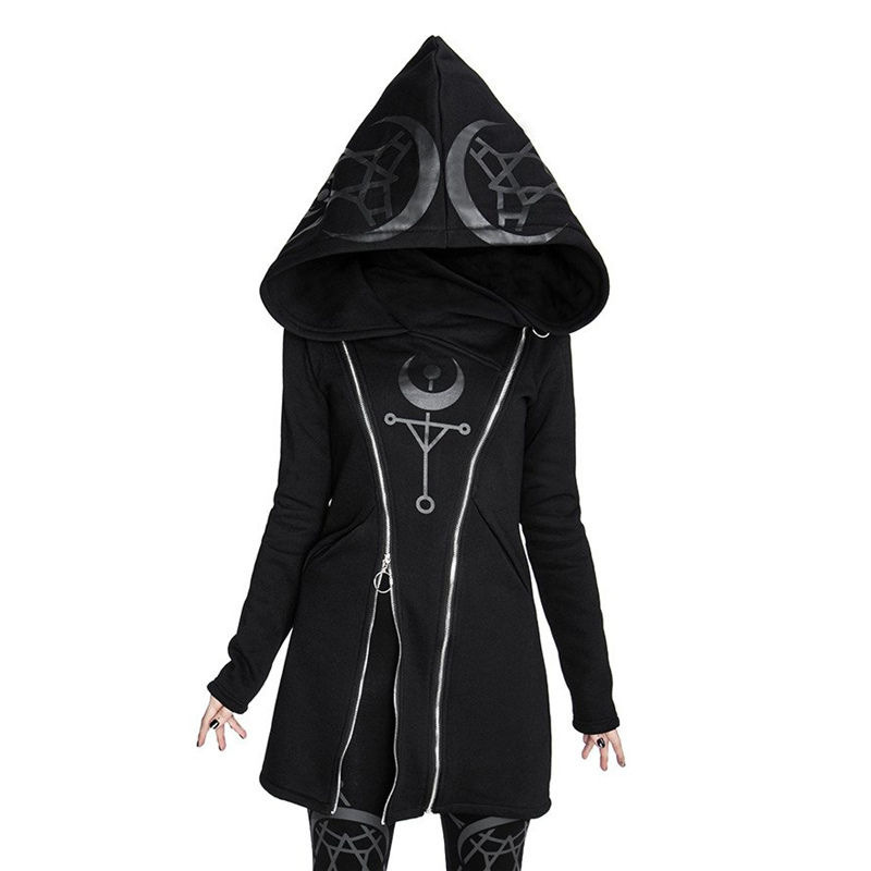 Gothic Punk Pullover Hoodies Women Long Sleeve Hooded Sweatshirt Zipper Coat Autumn Winter Female Casual Hoodie Oversized Hoody 201103