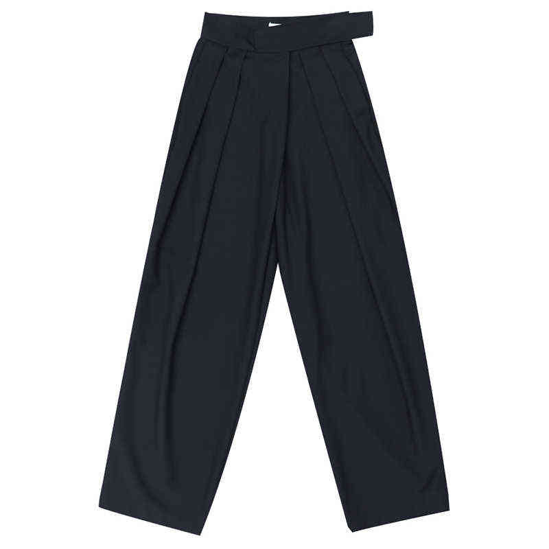 [EAM] High Waist Black Brief Pleated Long Wide Leg Trousers Loose Fit Pant Fashion Spring Autumn 1S399 211112