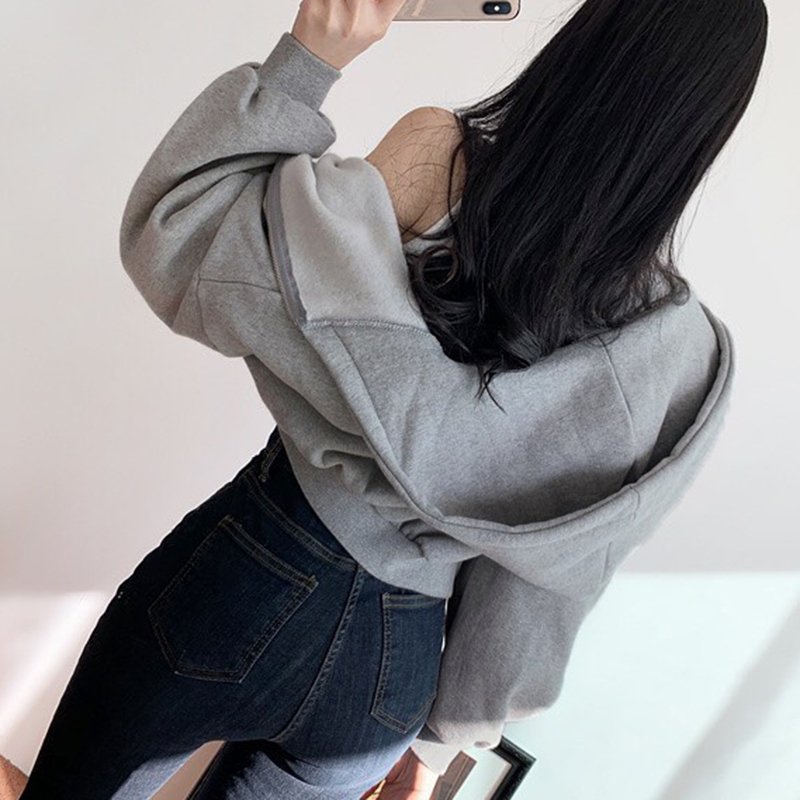 Rockmore Zipper Up Hoodies Women Aesthetic Pockets Solid Sweatshirts Long Sleeve Crop Top Baggy Hooded Hoodie Sweat Shirts Loose 201204