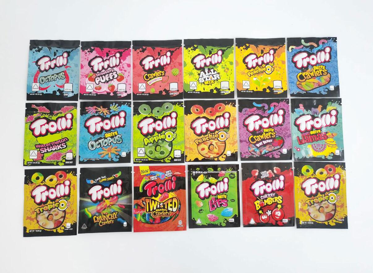 2021s 12 Types mylar bag trolli trrlli Errlli edibles Gummies packaging resealable zipper pouch 600mg custom logo
2021s 12 Types mylar bag trolli trrlli Errlli edibles Gummies packaging resealable zipper pouch 600mg custom logo