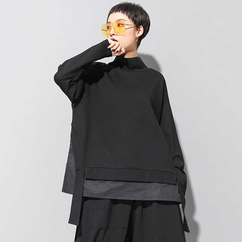 [EAM] Loose Fit Asymmetrical Oversized Sweatshirt High Collar Long Sleeve Women Big Size Fashion Spring Autumn 19A-a124 210910