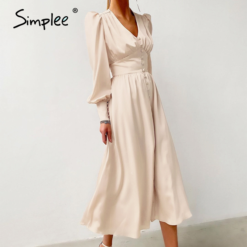 Elegant spring satin bishop sleeve aline dres Vneck high waist button dress solid Vintage long dresses chic 210309