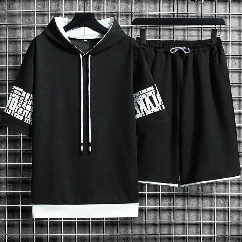 Summer Men Casual Sets Hooded Sweatshirt Harajuku Tracksuit Short Sleeve Print T-shirt+Shorts 2 PCS Jogging Male Sports Suit 210603