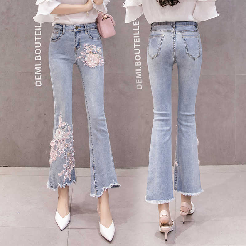 Stretchy Plus Size Women Flare Jeans Pants Pearls Tassels Flower Embroidery Denim Skinny Woman High Waist Mom 210922