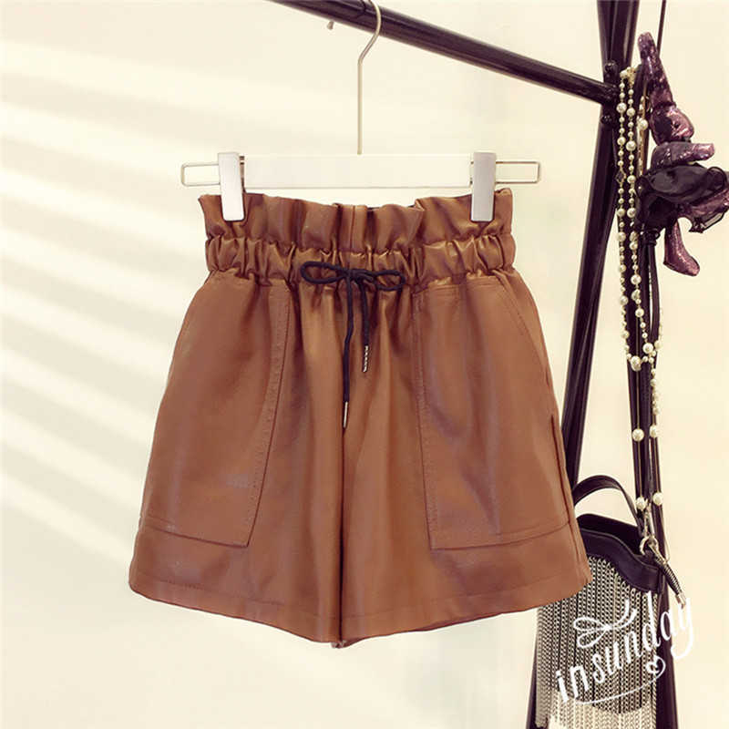 Spring Korean Style Female Sexy Leather Shorts High Waist Loose Wide Leg Short Femme Elastic Waist Belt 210611