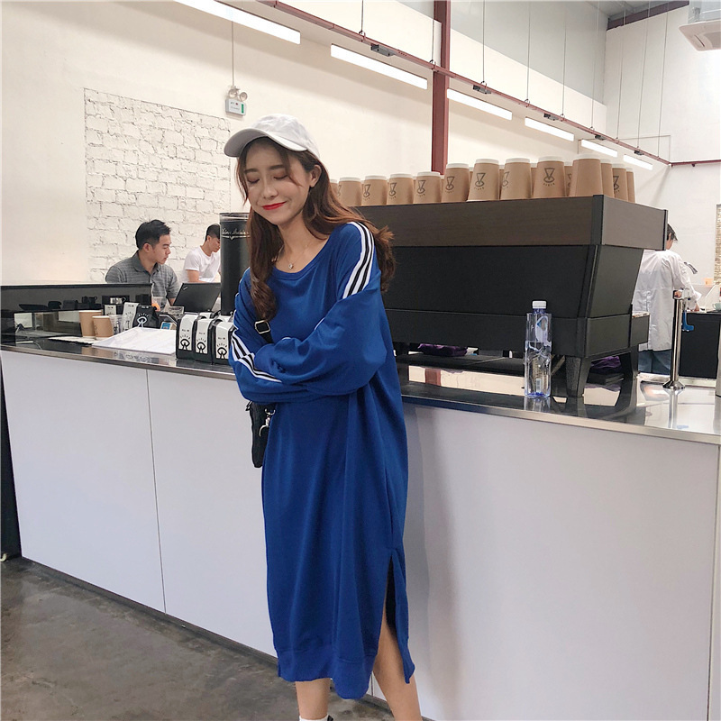Women Autumn Long Hoody Dress Straight Long Sleeve Striped Loose Oversized Casual Split Femme clothes 201103