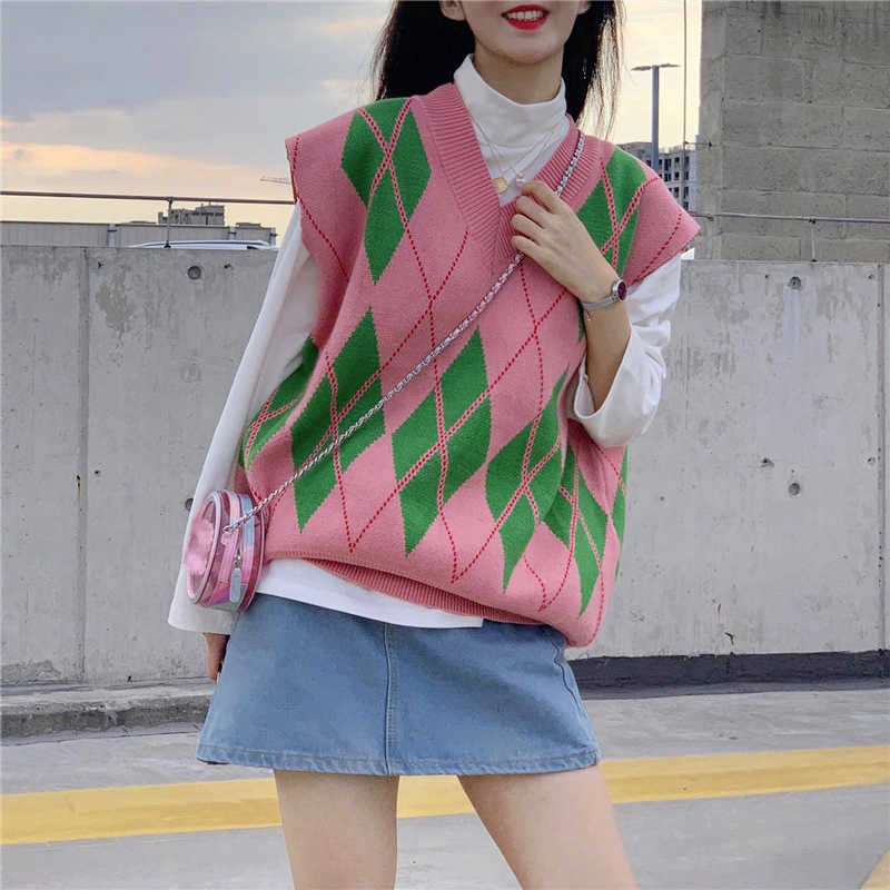 SURMIITRO Spring Autumn Loose Knitted Sweater Vest Women Pink Green Plaid Sleeveless Waistcoat Female Korean Style Tops 210712 - view 6