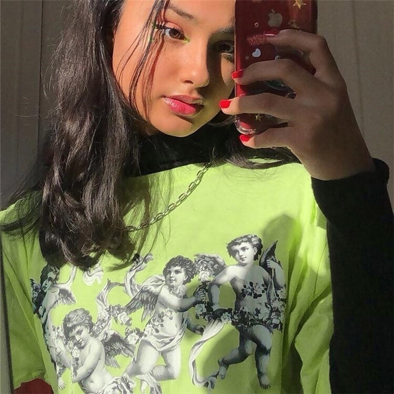 kuakuayu HJN Four Cherub Print Lime Light Green T Shirt Women Summer Tops LIGHT Green Streetwear Vintage Casual Oversized Tees 210306