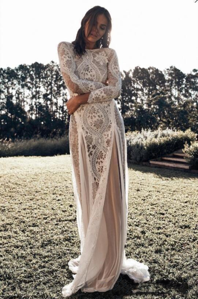 Sexy Bohemian Lace Beach Wedding Dresses Long Sleeve Backless Nude And Ivory Boho Country Bridal Gowns Mermaid Wedding Dress Bride Wear