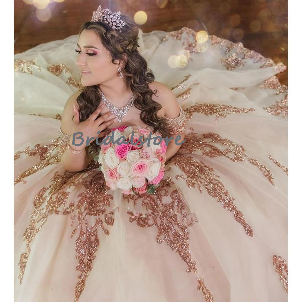 Rose Gold Sequin Quinceanera Dresses Vestidos De 15 Anos Princess Plus Size Masquerade Prom Gowns Sweet 15 Birthday Party Skirt With Detachable Sleeve