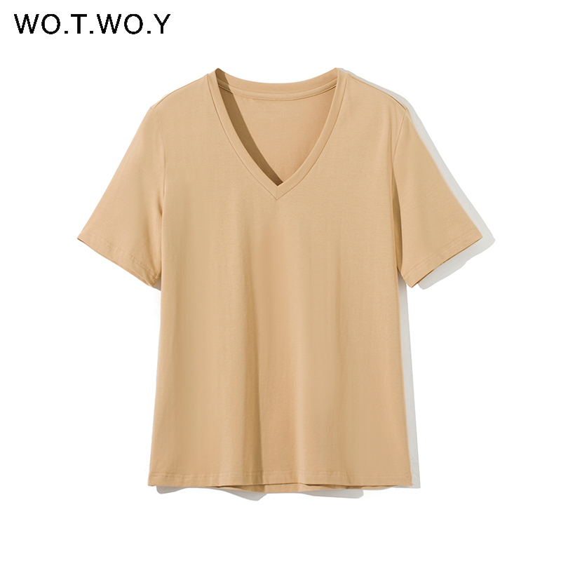 WOTWOY Summer Knitted V-Neck T-Shirt Women Cotton Basic Solid Tee Shirt Female Short Sleeve Kintwear Tops Harajuku Tshirt Ladies 210306