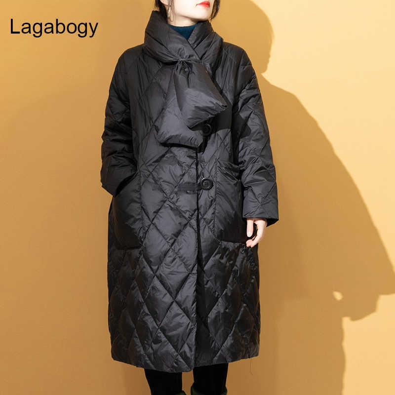 Lagabogy Winter Coat Women White Duck Down Jacket Female Casual Long Parkas With Scarf Warm Loose Snow Coat 210930