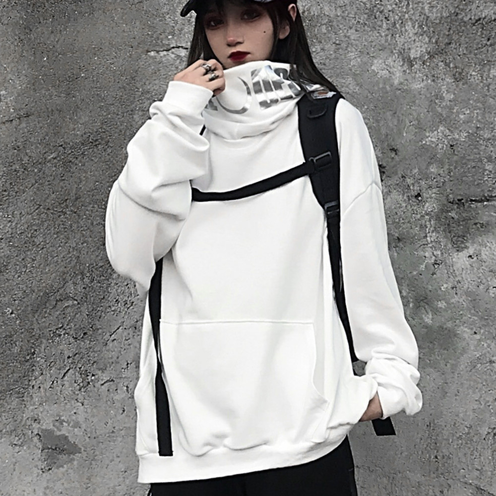 Letter Moon Print Turtleneck Pocket Hooded Sweatshirt Gothic Pullover Hoodies Woman Man Streetwear Hip Hop Harajuku Punk Korean LJ200808