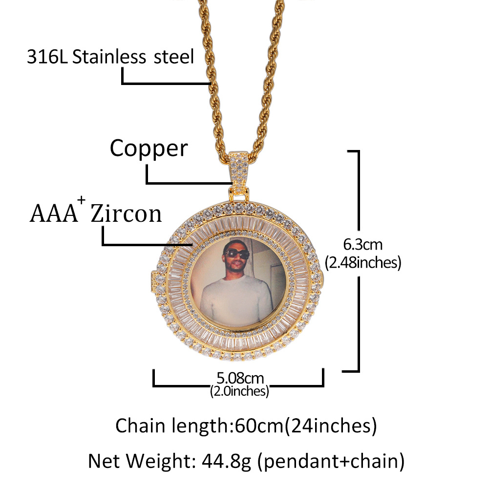 Customize Round Memorial Photo Pendant Necklace with Bling Diamond Stone Zircon Men Women Lover Gift Couple Pendants