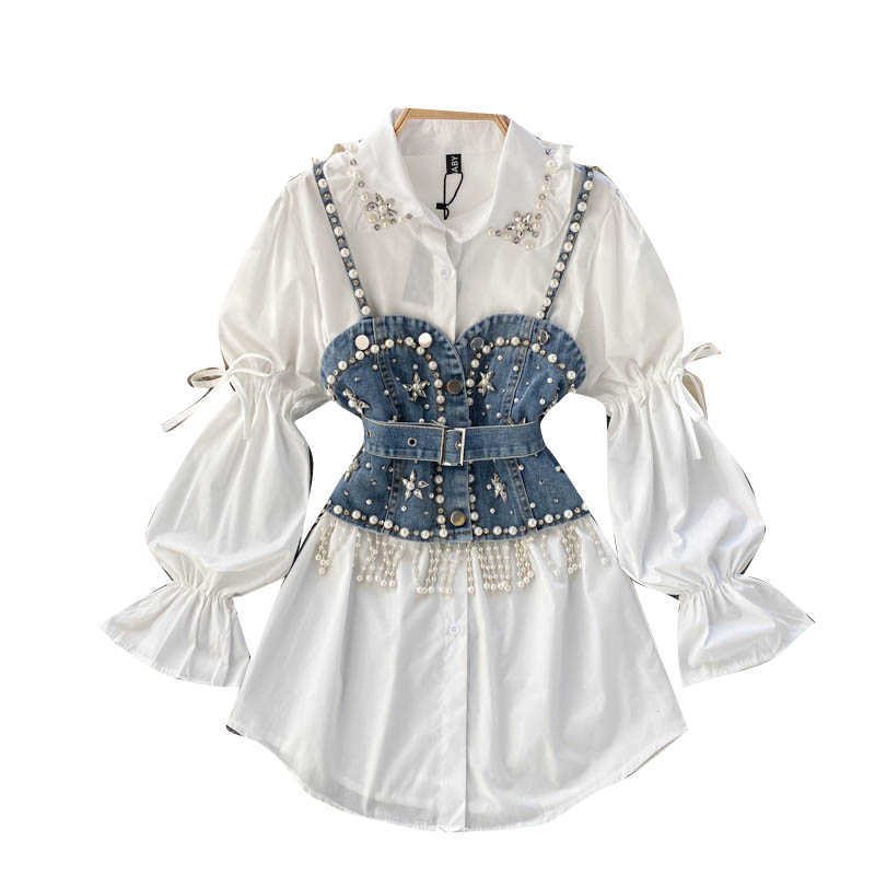 Chic Women Fashion Diamond-studded Beaded Long Sleeve White Elegant Shirt + Tassel Pearl Denim Vest Two-piece Sets R524 210527
