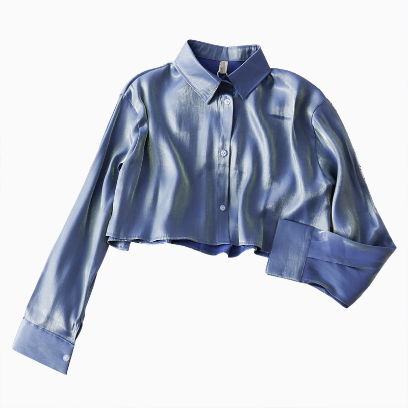Korean Gloss Loose Slim Single-breasted Long Sleeve Shirt Women New Short Crop Tops Lapel Blouse J385 210225