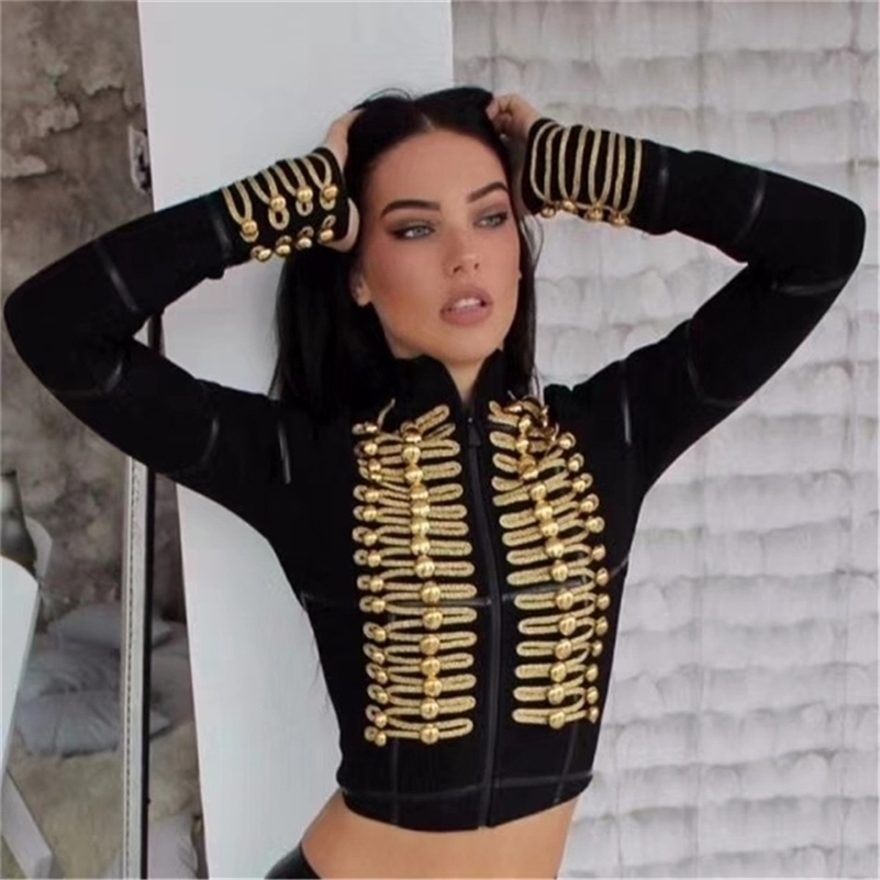 New Elegant Bandage Jacket Golden Button Embellished Long Sleeves Celebrity Party Elegant Long Sleeve Bandage Jacket Y201006