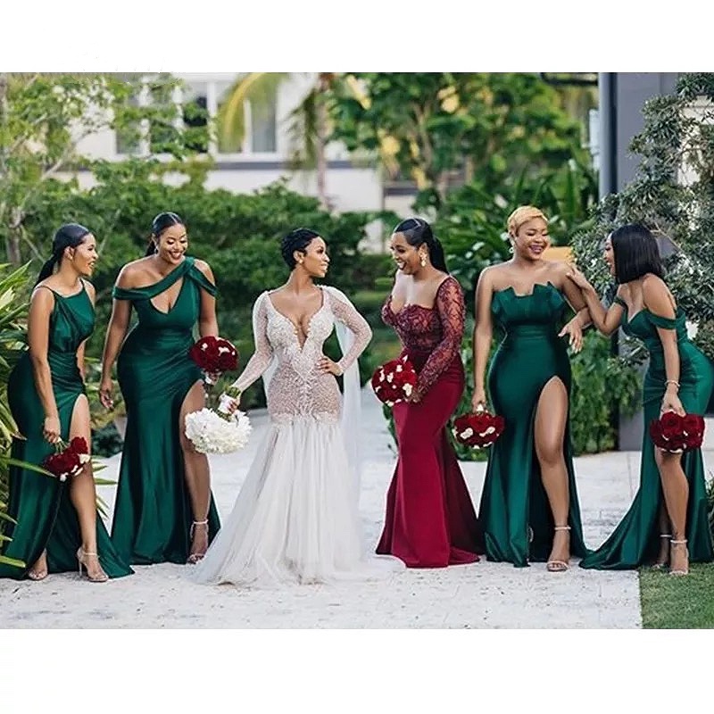 Dark Green Bridesmaid Dresses Mermaid Slit Satin Silk Maid of Honor Dresses Formal Strapless Wedding Party Gowns African