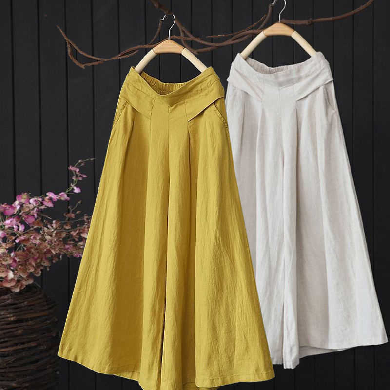 Summer Arts Style Women Elastic Waist Solid Wide Leg Pants All-matched Casual Cotton Linen Loose Plus Size S980 211115