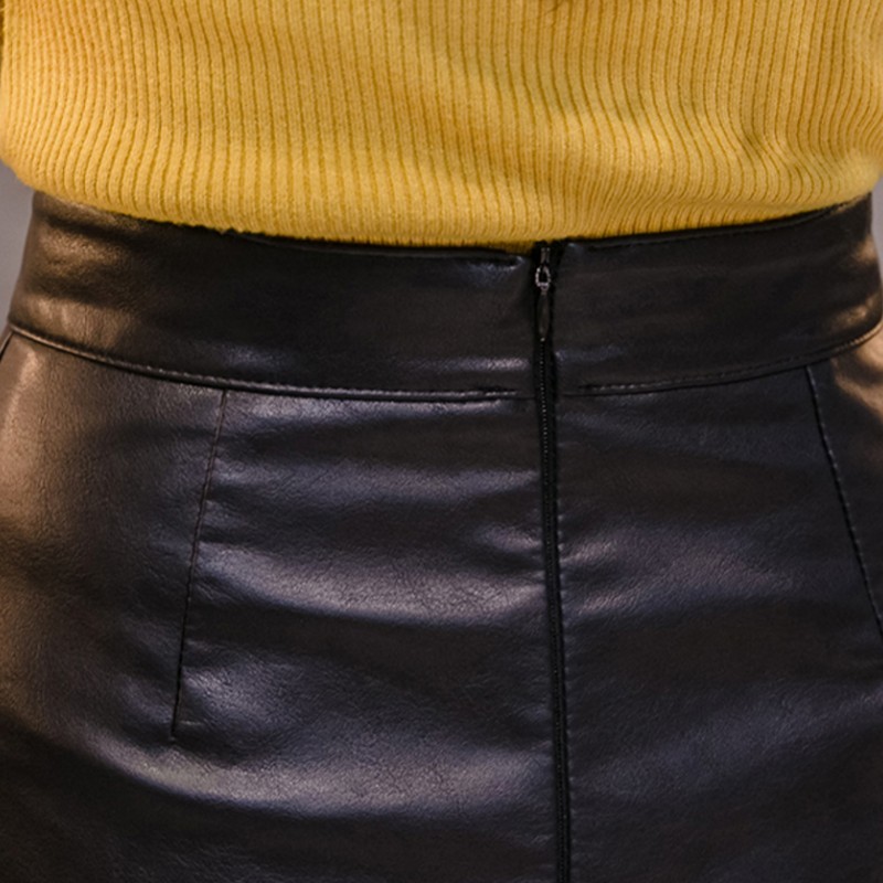 Spring Summer Casual PU Leather Skirt Women Elegant Zipper Mini A-Line Skirt Lady Skinny High Waist Skirts Black 210309