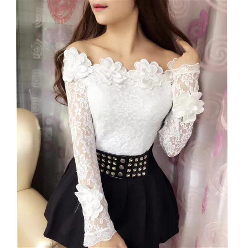 New Autumn Long Sleeve Mesh Blouse Women Sweet Floral Lace Shirt Femal Ladies Slim Slash Neck Blouse Blusas Short Tops A966 210225