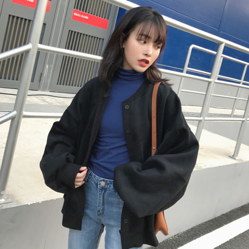 Spring Autumn Harajuku Loose Sweatshirts Women Korean Long Lantern Sleeve Casual Zip-up Clothes Student Solid Fashion Sweatshirt 201102