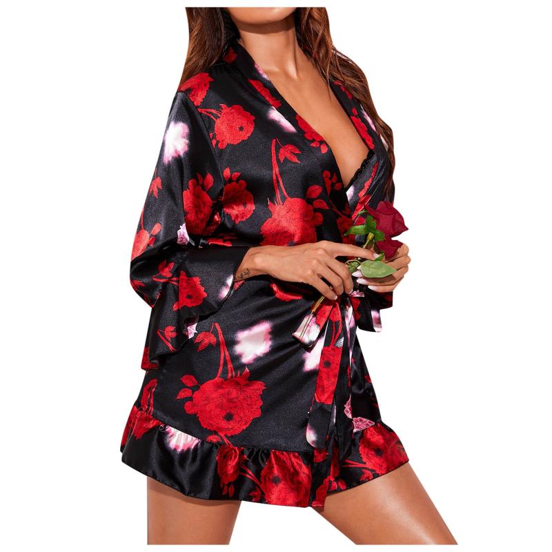 Women's Sleepwear Peignoirs For Women Night Dress Sexy Deep V Bandage Nightie Silk Satin Lingerie Rose Print Undwear Ladies