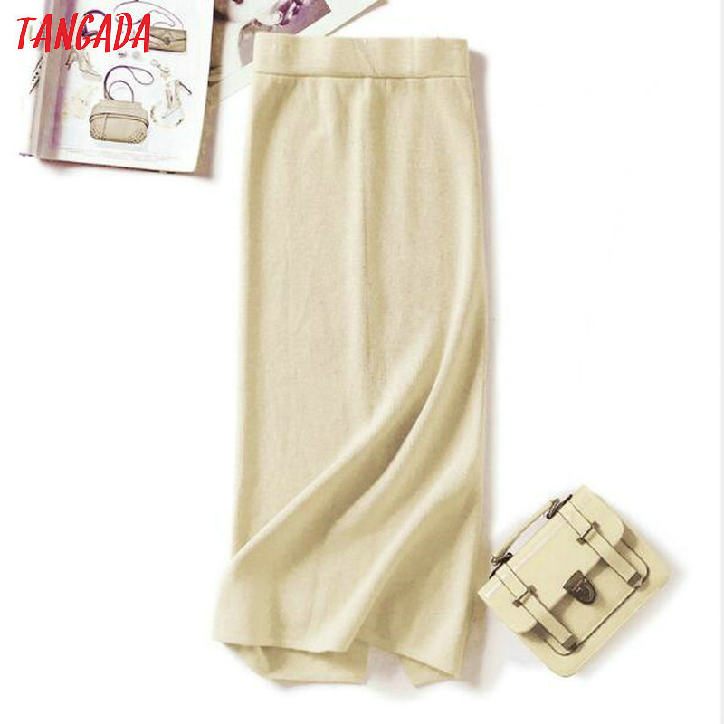 Tangada Women solid long skirts knit stretch high waist korean style ladies black pencil skirt faldas mujer moda AQX05 210309