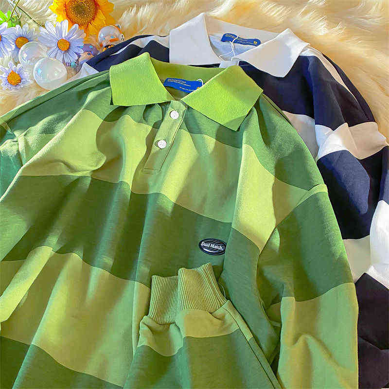 Vintage Green Striped POLO Shirts Sweatshirt Women Harajuku Hip Hop Long Sleeve Tops Casual Teens Clothes Japanese Fashion 211109