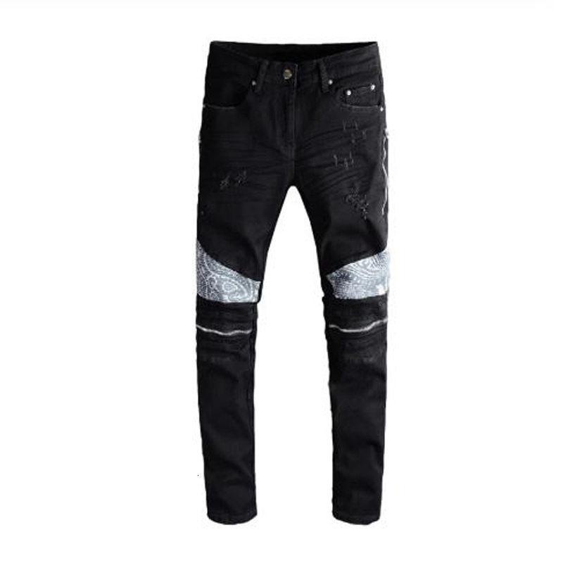 New Men Male Black Bandana Paisley Printed Patchwork Denim Biker Jeans Streetwear Slim Ny Ritsen Stretch Broek 
New Men Male Black Bandana Paisley Printed Patchwork Denim Biker Jeans Streetwear Slim Ny Ritsen Stretch Broek