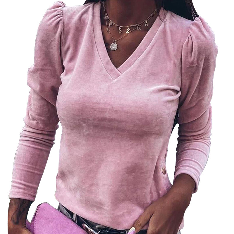 Pink Solid Korean Style Purple Velvet T-Shirt Women Clothes Autumn Brown Pure Casual Ladies Split T Shirts Top Woman Tshirt 210302