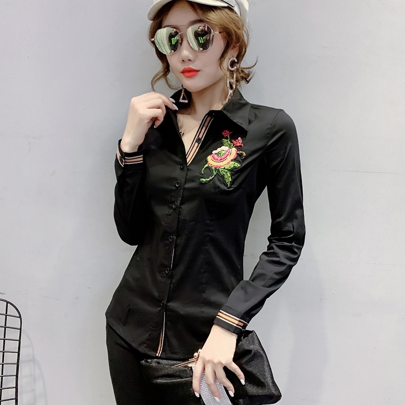 New Summer Korean Clothes Embroidery Flower Blouse Womon Beading Diamonds Woven Nylon Shirt Women Long Sleeve Tops T02503 210225