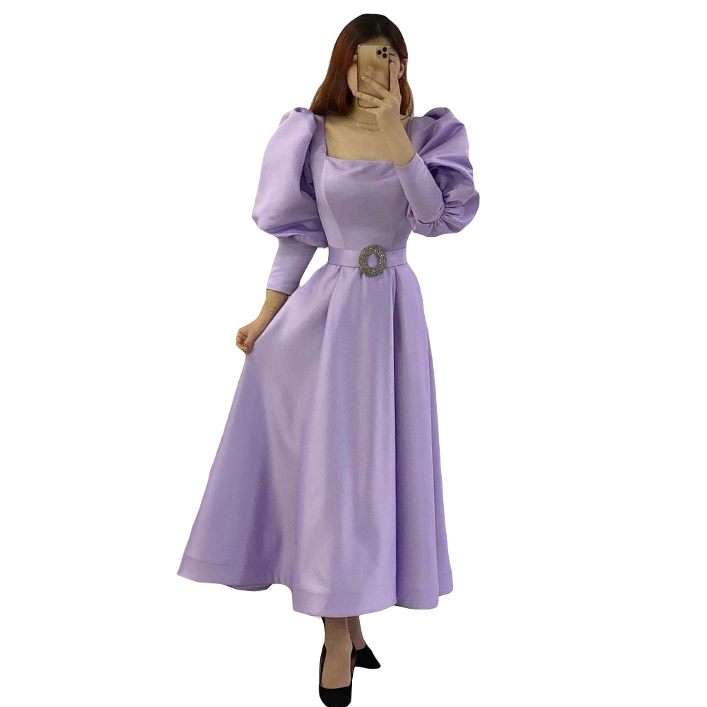 Simple Purple A Line Evening Dresses Satin Long Sleeve Formal Girls Prom Pageant Gowns robe de soiree