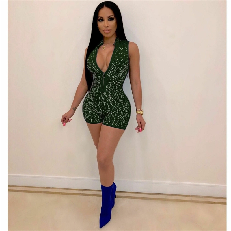 Hot New Women Sexy Bodycon Playsuit Beading Solid Sexy Fashion VNeck Sequin Bodysuit Jumpsuit Slim Sleeveless Romper Clubwear T200113