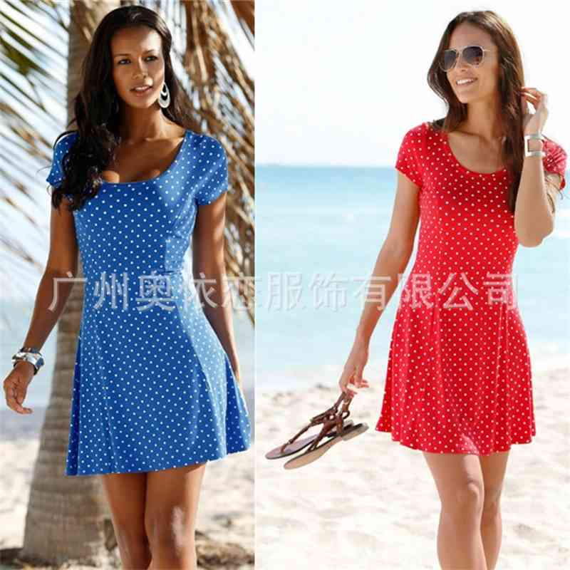 2021 spring / summer new dress polka dot print beach skirt, Black;gray