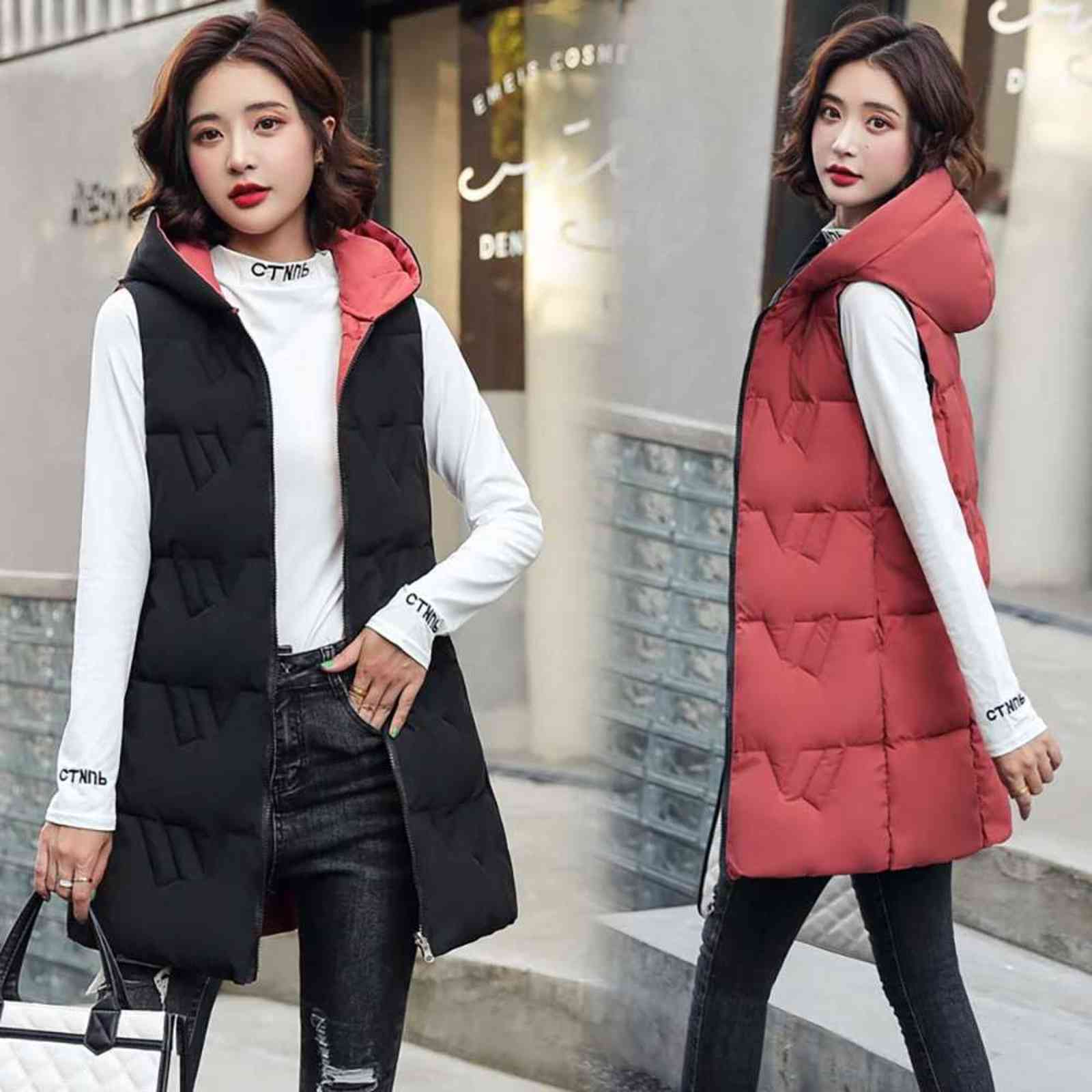 Hooded Long Winter Vest Women Sleeveless Jacket Two Sides Wear Warm Autumn Cotton Waistcoat Zipper Coat Outwear 211120