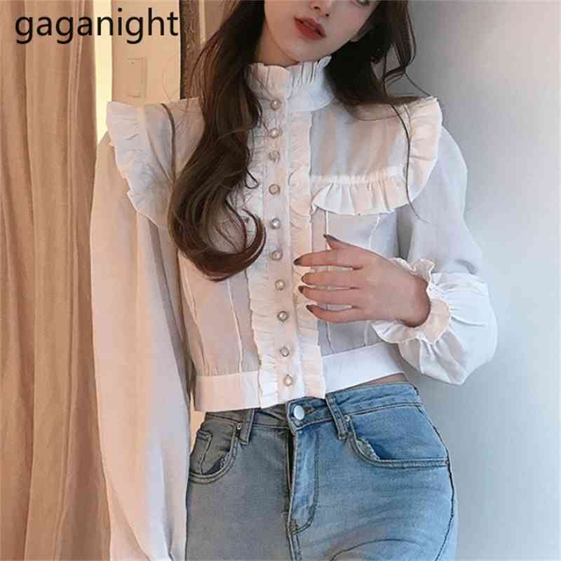 Elegant Office Ruffles Blouses Women Fashion Long Sleeve Stand Collar Cropped Tops Casual White Shirt OL Blusas 210601