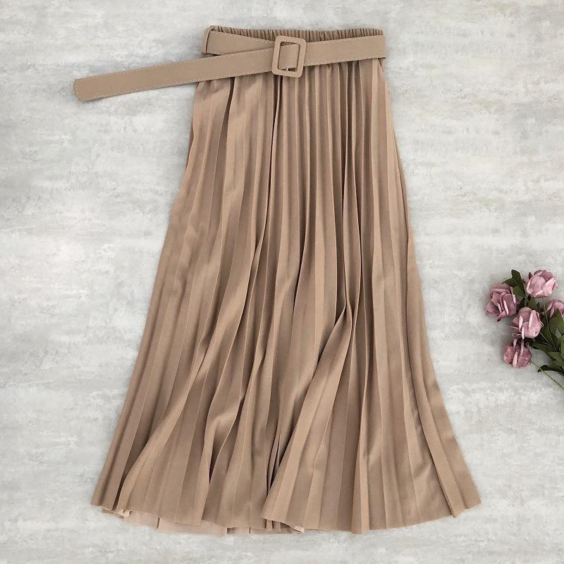 Aonibeier Fashion Women's High Waist Pleated Solid Color Length Elastic Promotions Lady Black Pink Party Casual Skirts 210306