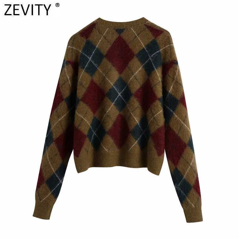 Zevity Women Vintage V Neck Geometric Pattern Cardigan Knitting Sweater Ladies Chic Single Breasted Casual Retro Tops S498 210603