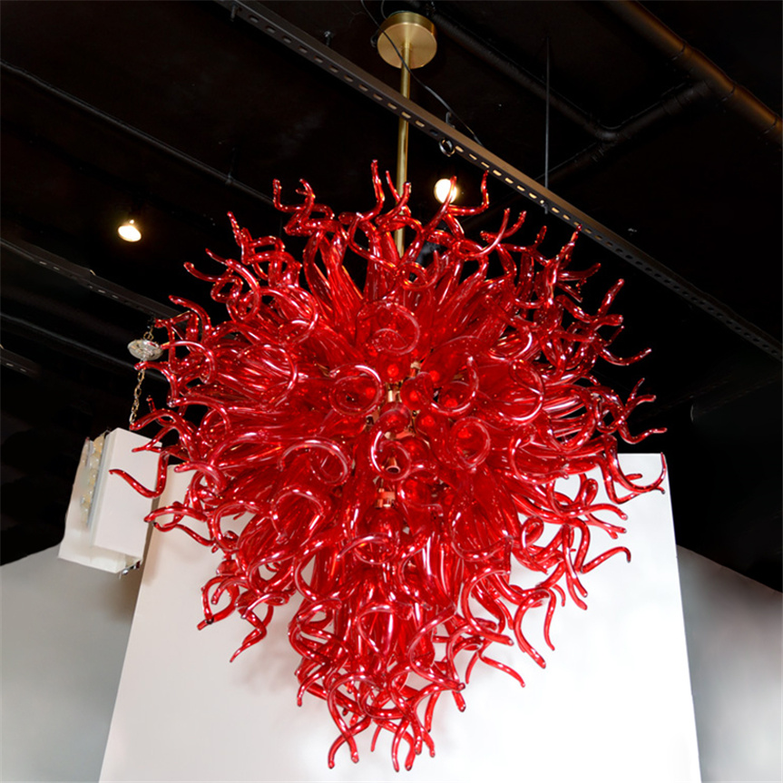 Red Colored Glass Flower Chandelier LED Light Hand Blown Glass Chandelier Drop Shape Glass Pendant for Banquet Wedding Art Decoration