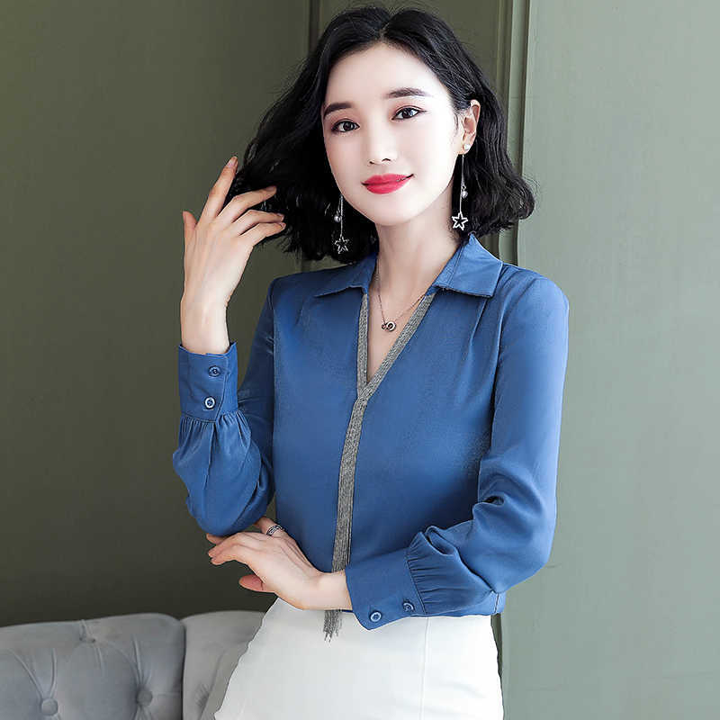Korean Chiffon Women Shirts Long Sleeve Blouses Elegant OL V-neck Plus Size Blusas Mujer De Moda 210531