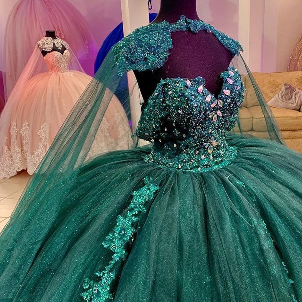 Ball Green Hunter Gown Quinceanera Dresses Beads Lace Appliques Off Shoulder Formal Prom Gowns Sweet Dress Vestido De Anos s